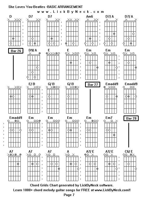 Chord Grids Chart of chord melody fingerstyle guitar song-She Loves You-Beatles -BASIC ARRANGEMENT,generated by LickByNeck software.